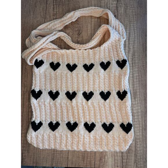 Knit Purse Black Heart Bag NEW FAST SHIP Travel Bag Boho Style Shoulder Bag - Picture 2 of 5